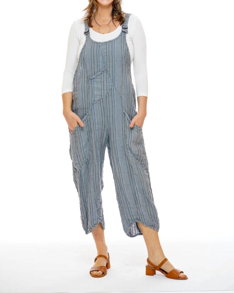 Front of a model wearing a size XL Spree Overall in Stripes Heron in Stripes Heron by Cynthia Ashby. | dia_product_style_image_id:339796